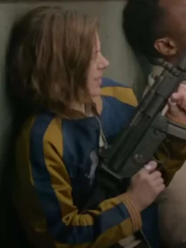 A stylish Slow Horses S03 Bomber Jacket featuring a vibrant blue and golden color scheme.