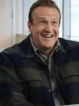 Front view of Shrinking Jimmy checkered jacket showing plaid pattern, button front and relaxed casual fit