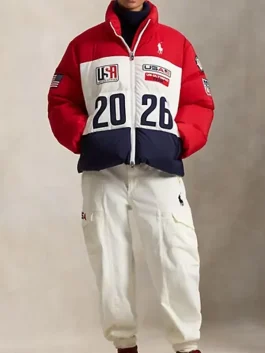 Signature red, white, and navy athlete-style puffer jacket for the 2026 Milano Cortina Games.