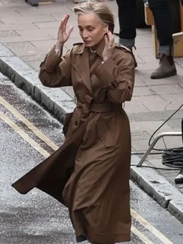 A professional Diana Taverner Brown Coat in a classic long-line trench design.