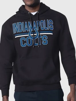 Front view of a black pullover hoodie featuring 