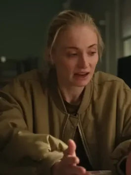 Close-up of Steal 2026 Sophie Turner bomber jacket showing zipper detail, stitching and smooth outer finish