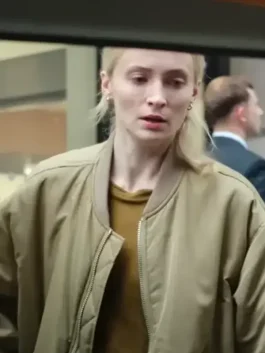 Front view of Steal 2026 Sophie Turner bomber jacket with zip front and classic ribbed hem for casual wear