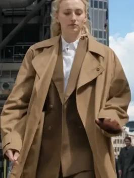 Front view of Steal 2026 Sophie Turner trench coat showing long length, belt waist and clean collar style