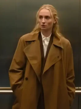 Close-up of Steal 2026 Sophie Turner trench coat showing belt detail, stitching lines and fabric texture finish