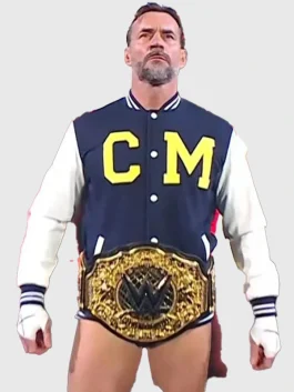 CM Punk Steiner Bros WWE RAW varsity jacket look in navy and white with snap buttons, pockets and rib knit hem