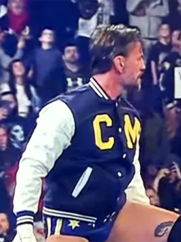 Steiner Bros University of Michigan themed CM Punk jacket in navy white featuring rib knit cuffs and classic varsity fit