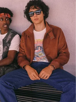 Steve Harrington brown jacket styled on model showing a casual fit and vintage inspired outfit look.