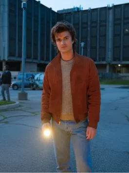 Steve Harrington Stranger Things Wrangler jacket front view showing a classic brown style and fit.
