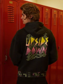 Front view of Stranger Things x PacSun hoodie with Upside Down theme graphic and ribbed hem finish