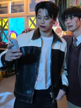 Front view of Study Group Cha Woo-min leather jacket showing clean front style, collar detail and easy layering fit