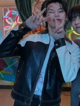 Full view of Study Group Cha Woo-min leather jacket showing sleek black style and clean fit for streetwear outfits
