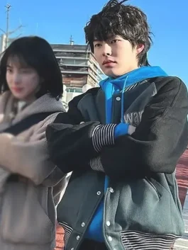 Front view of Study Group Lee Hyeon-woo varsity jacket showing clean front style and easy fit for daily outfits