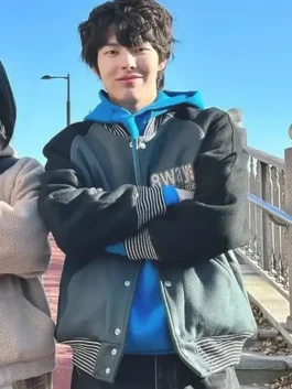 Full view of Study Group Lee Hyeon-woo varsity jacket showing classic varsity style and relaxed streetwear fit