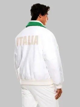 Team Italy EA7 Winter Olympics 2026 bomber jacket view showing waist length fit and clean sporty finish