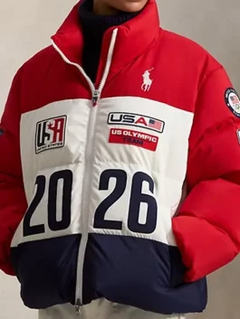 Al Roker style Closing Ceremony down jacket in red and white for the 2026 Winter Games.
