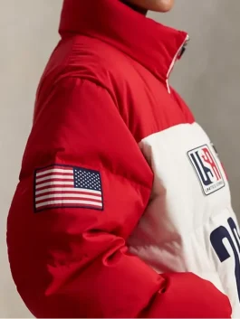 2026 Winter Games inspired color-block down puffer jacket in red and white.