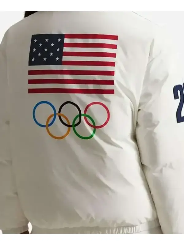 Detailed back view of the 2026 down puffer jacket showing patriotic emblems and "2026" patches.