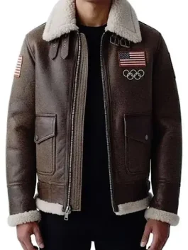 Team USA Olympics 2026 shearling jacket showing winter styling and clean fit with warm shearling detail