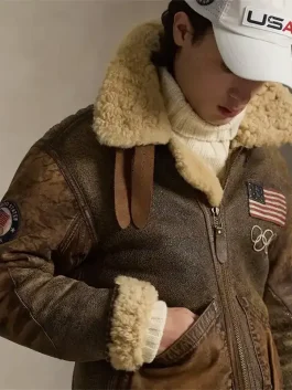 Front view of Team USA Olympics 2026 shearling jacket showing clean fit and warm shearling detail for winter wear