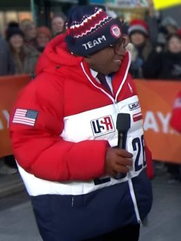 Red, white, and navy color-block down jacket inspired by the 2026 athlete uniforms on Al Roker.