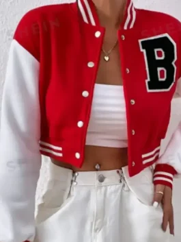 Full view of The Upshaws Aaliyah Upshaw varsity jacket showing overall shape, relaxed fit and classic streetwear look
