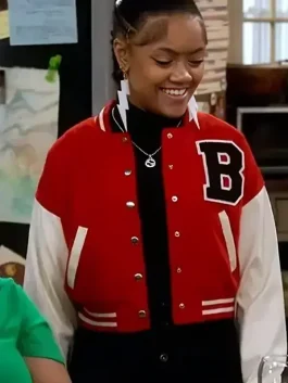 Front view of The Upshaws Aaliyah Upshaw varsity jacket showing classic varsity style and comfortable everyday fit