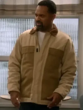 Full view of The Upshaws Bennie Upshaw jacket with patchwork style panels and easy casual fit for everyday wear