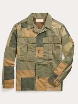 Front view of The Upshaws Bennie Upshaw patchwork jacket showing color-block panels and easy casual streetwear fit