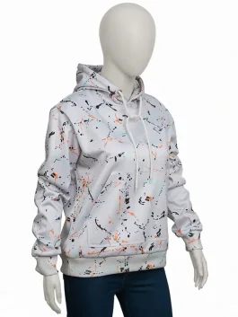 Front side view of The Upshaws Kim Fields splatter hoodie showing hood shape, sleeves and relaxed pullover fit