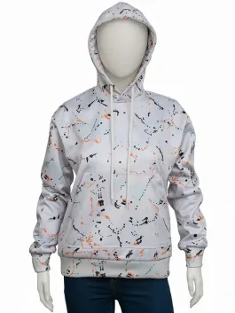 This angle helps buyers see how the hoodie sits on the shoulders and sleeves. It shows the hood shape and how the splatter design looks from the side. It’s a helpful view for checking fit and overall styling before ordering.