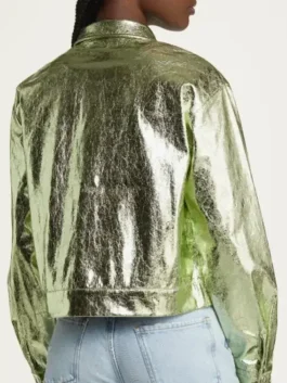 Back view of The Upshaws Tasha metallic leather jacket showing shiny finish, clean back panels and comfortable fit
