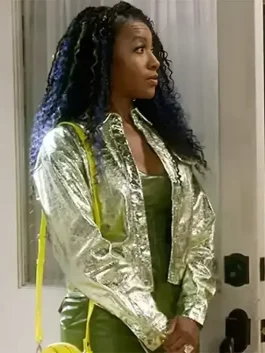 Close-up of The Upshaws Tasha metallic leather jacket showing shiny texture, stitching detail and smooth finish