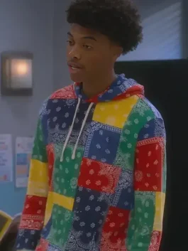 Front view of The Upshaws Trenton Mason printed hoodie showing bold print, pullover hood and relaxed streetwear fit