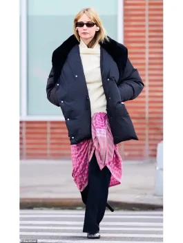 Full frontal view of the Jennifer Lawrence 2026 NYC oversized black puffer jacket.