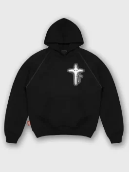 The Tymlus Starzy Hoodie in classic black with a drawstring hood and front pocket.
