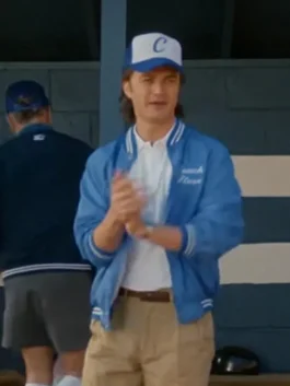 Unisex blue coach jacket inspired by Steve from Season 5. Retro 1980s athletic fit for men and women.