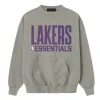 Front view of heather gray Lakers Essentials Sweatshirt. Unisex relaxed fit with puff-printed team graphics by J4 Jackets.