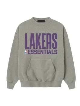 Front view of heather gray Lakers Essentials Sweatshirt. Unisex relaxed fit with puff-printed team graphics by J4 Jackets.