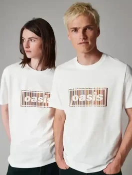 A Unisex Oasis White Stripe Logo T-Shirt with a comfortable and relaxed fit.