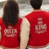 Back view of Her King and His Queen red and white varsity jackets for couples with bold letter design.