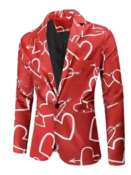 Hearts Printed Red Blazer showcasing a vibrant holiday aesthetic and a high-quality fabric drape for a premium ensemble.
