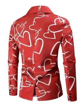 Hearts Printed Red Blazer for women featuring a sharp tailored fit and a romantic scarlet finish for holiday events.