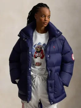 Winter Olympics 2026 Team USA navy down puffer jacket showing padded winter look and clean sporty style