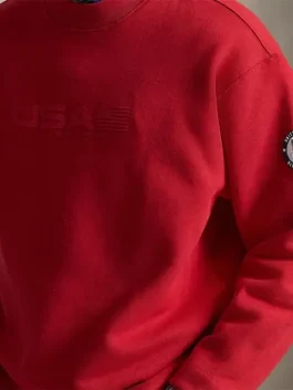 Winter Olympics Team USA red mockneck sweatshirt showing sporty style, ribbed cuffs and relaxed fit