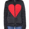 Red Heart Black Puffer Jacket showcasing high-contrast crimson heart stitching and a premium insulated quilted finish.