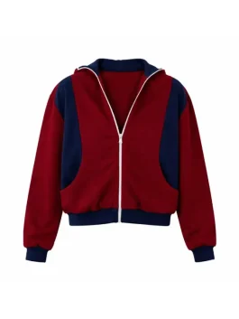 Haley Lu Richardson wearing a women's red track jacket from the Ponies 2026 series.