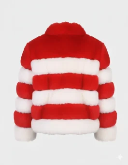 This front image shows the red and white fur look clearly with a cozy, stylish shape. Wear it with black jeans and boots for a clean winter outfit, or layer it over a dress for events. Keep accessories simple so the jacket stays the main highlight.