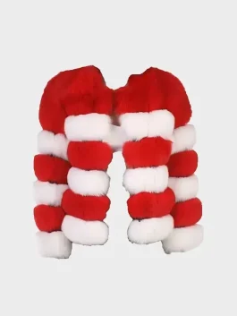 Front view of womens red and white fox fur jacket showing fluffy texture and bold winter style.