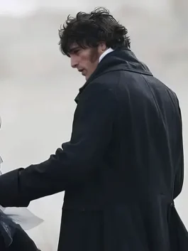 Wuthering Heights Jacob Elordi Coat in a deep onyx colorway with high-quality hardware and a refined, masculine tailored fit.